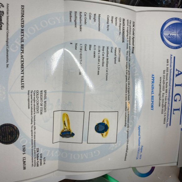 GIA Certified Blue Spinel 6.11ct Solid 22K Ring - Picture 9 of 9